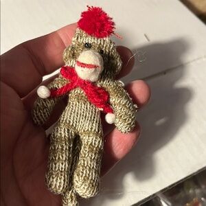 Handmade Knit Sock Monkey Doll with Red Hat & Scarf pin. 1377